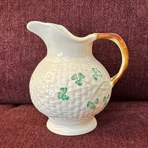 Belleek Ireland Pitcher with Shamrock Basket Weave Design